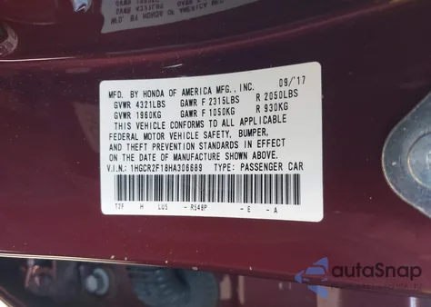 2017 Honda Accord Sport Se from USA, damaged, VIN 1HGCR2F18HA306689